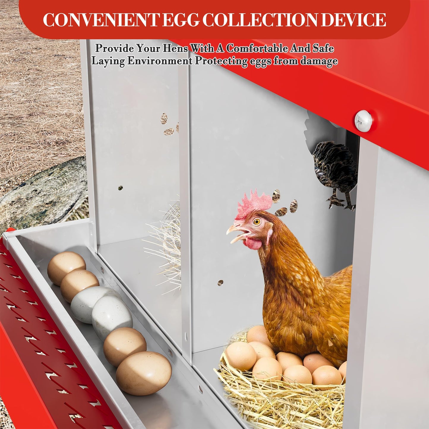 Chicken Nesting Boxes, 10-Hole Metal Nesting Box with Perch & Roll-Away Egg Design – Wall Mount or Freestanding Laying Box for Hens, Ducks, Quail (Heavy-Duty Galvanized Steel),Red. 1