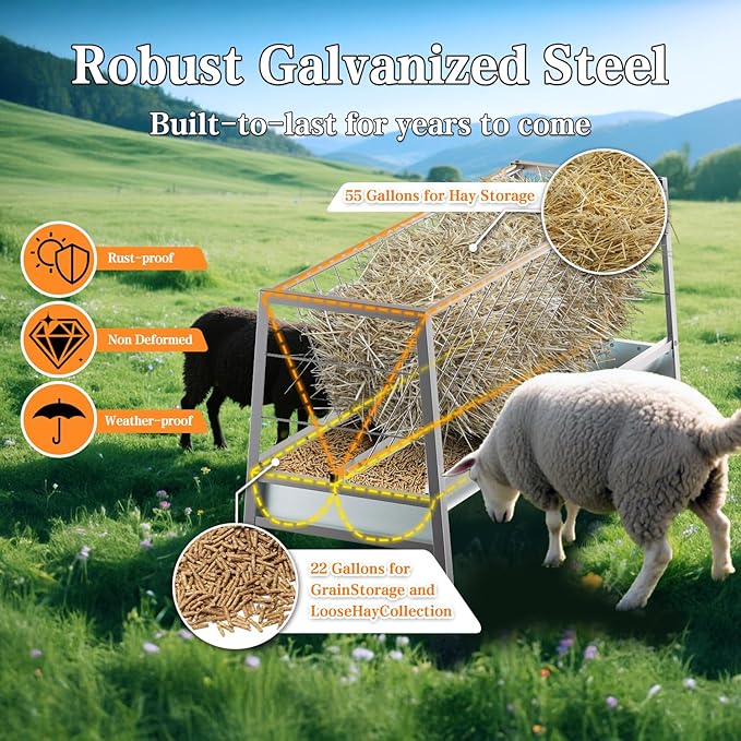 5 Ft Pasture Feeder, 75 Gallon Capacity Livestock Feeder with Deeper Feeding Pan, All Steel Frame, Easy to Assemble and Carry, Feeding Goats, Sheep and Miniature Horses, for Farms, Sheep Sheds