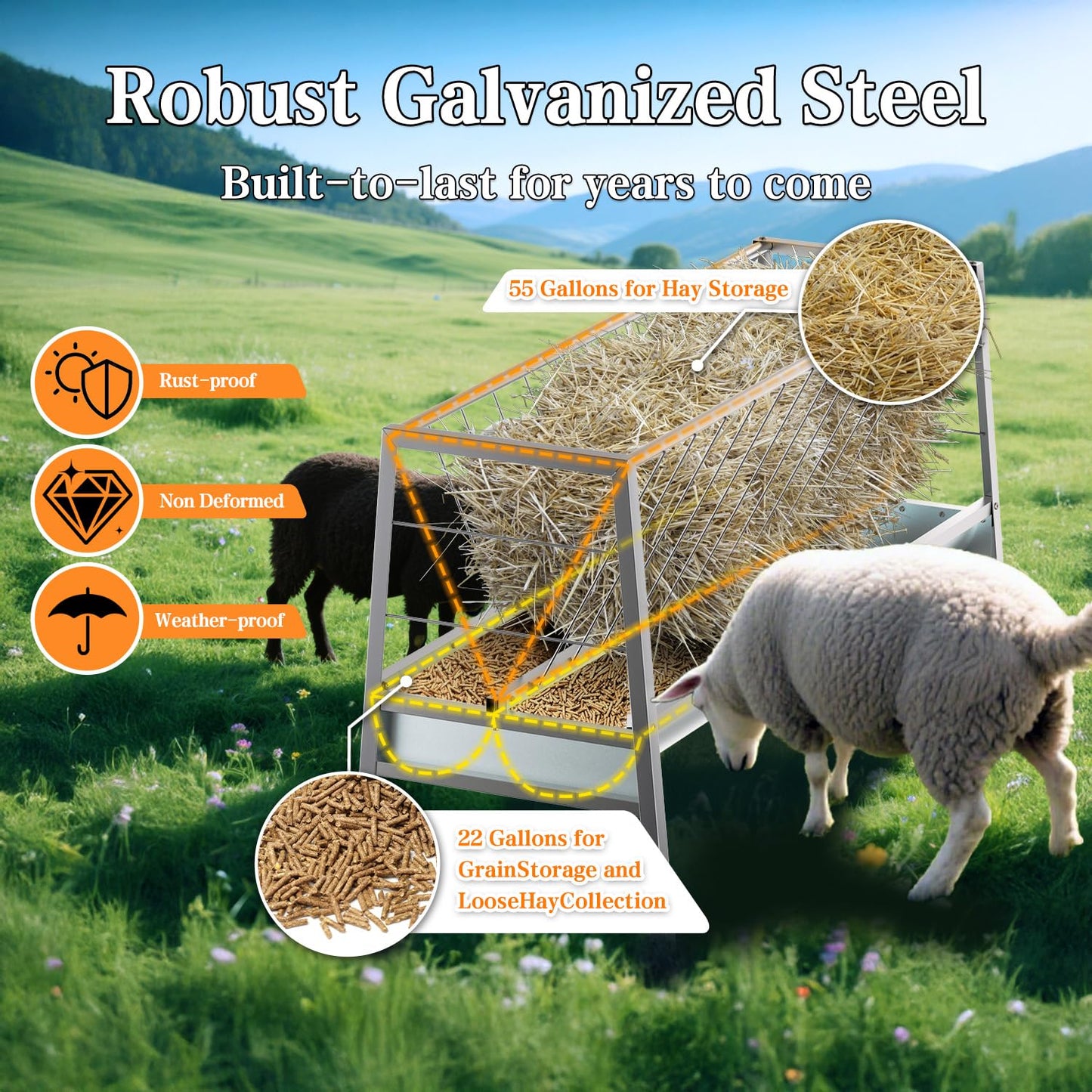BUYYAH 5 Ft Pasture Feeder, 75 Gallon Capacity Livestock Feeder with Deeper Feeding Pan, All Steel Frame, Easy to Assemble and Carry, Feeding Goats, Sheep and Miniature Horses, for Farms, Sheep Sheds