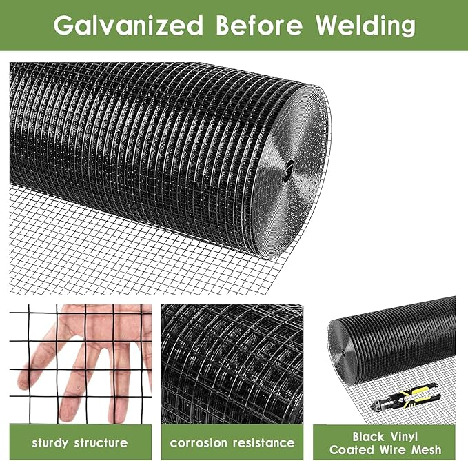 Tongmo Black Hardware Cloth, 1/2 inch 48'' x 100'Chicken Wire Fence, 19 Gauge Vinyl Coated Welded Cage Wire Mesh Roll Supports Poultry Netting Cage Garden Fence