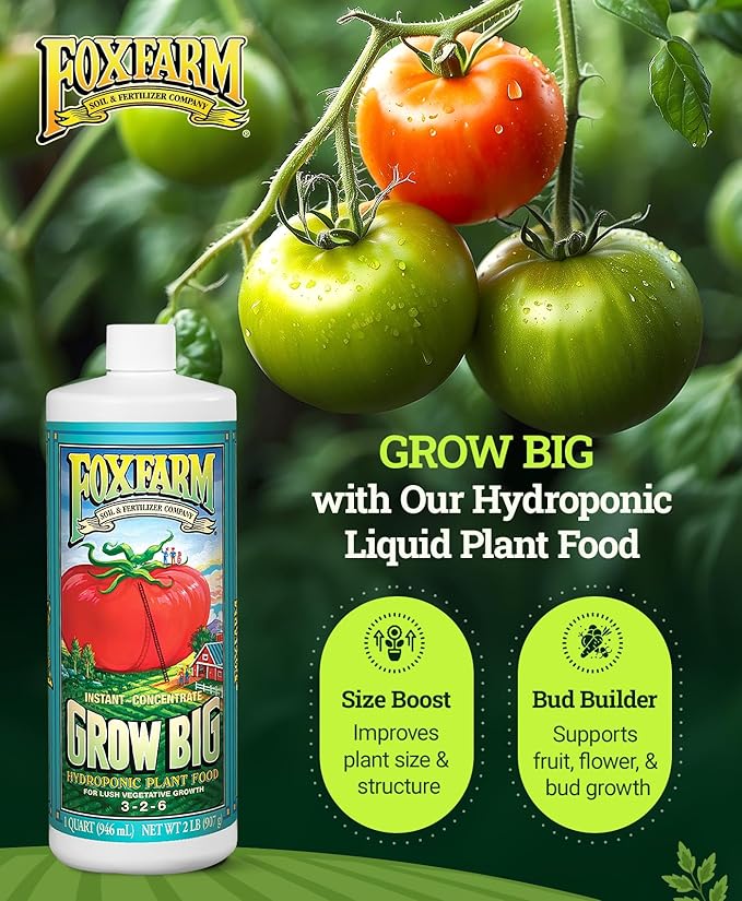 FoxFarm Grow Big Hydro Liquid Fertilizer, Plant Food with Micro Nutrients for Hydroponic Systems - Enhances Vegetative Growth, Flowering, and Fruiting - pH Adjustable, NPK 3-2-6 (Quart)