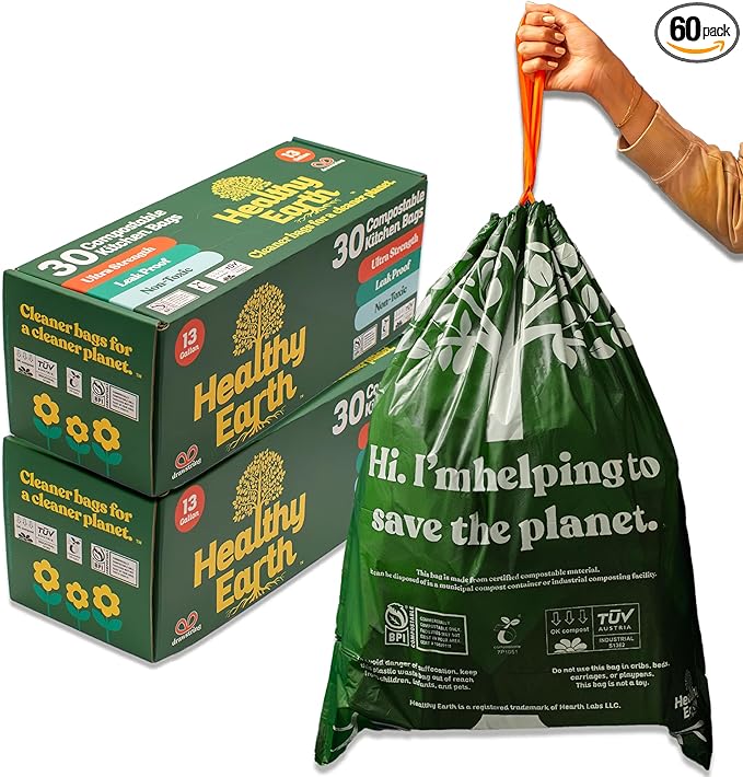 Healthy Earth 13 Gallon Compostable Trash Bags – Tall Kitchen Garbage Bags with Drawstring Handles, Extra Thick Plant-Based Liners, BPI & TÜV Certified ASTM D6400, Heavy Duty Leak-Proof (60 Count)