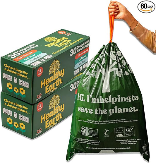 Healthy Earth 13 Gallon Compostable Trash Bags – Tall Kitchen Garbage Bags with Drawstring Handles, Extra Thick Plant-Based Liners, BPI & TÜV Certified ASTM D6400, Heavy Duty Leak-Proof (60 Count)