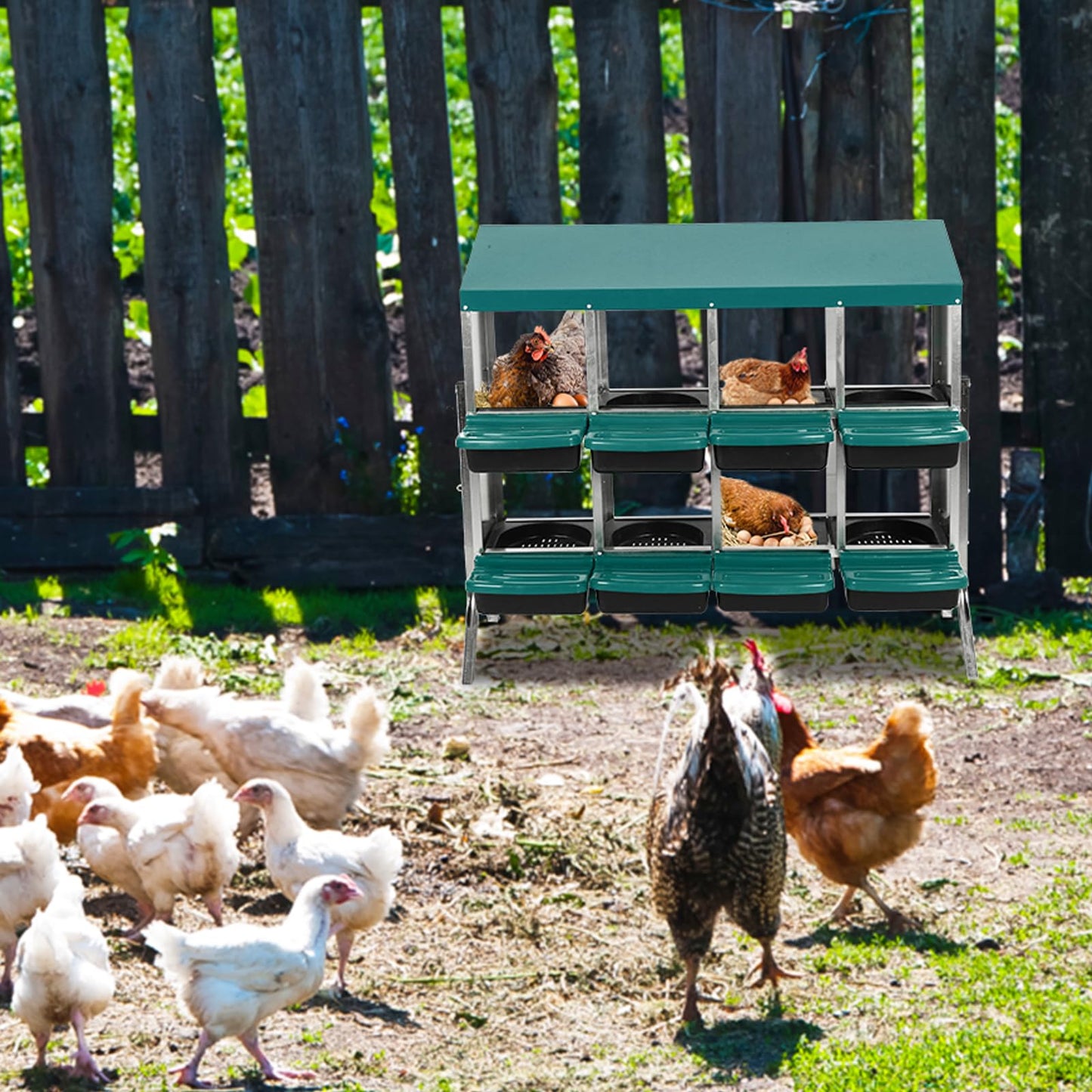 Chicken Nesting Boxes, 8 Compartments Nesting Box for Chickens Egg Laying, Chicken Laying Boxes with Roll Out Egg Collection, Vented Holes for Outdoor Chicken Coop, Green, with Legs
