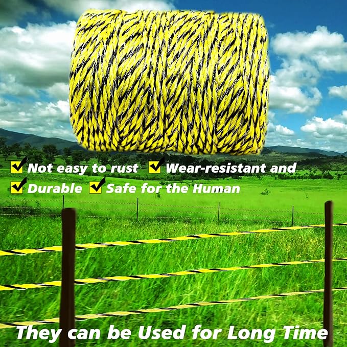 Upgraded Electric Fence Poly Wire 330 Feet 100 Meters 1/8" Dia Portable Electric Fencing Polywires and 50 Pcs Black Electric Fence Insulator (Grid System Accessories for Animal Husbandry Electronic)