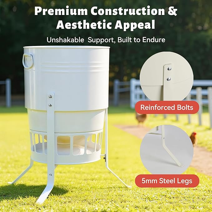 KOL Metal Chicken Feeder - 50lbs Poultry Feeder with 16 Ports, Powder Coated Rust-Proof Design & Smooth Edges for Safe Feeding (Jade White)