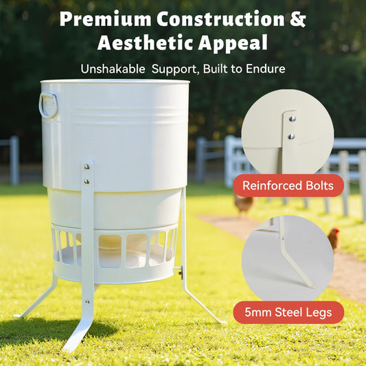 KOL Metal Chicken Feeder - 50lbs Poultry Feeder with 16 Ports, Powder Coated Rust-Proof Design & Smooth Edges for Safe Feeding (Jade White)