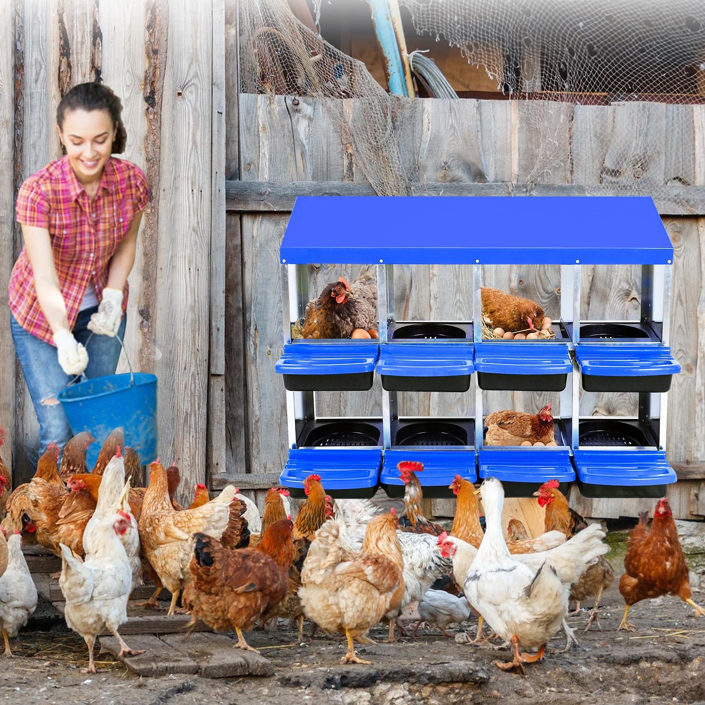 Chicken Nesting Box, 8 Compartments Nesting Boxes for Chickens, Chicken Laying Boxes, Roll Away Nesting Box for Chickens Laying Egg with Lid Cover to Protect Eggs, Blue