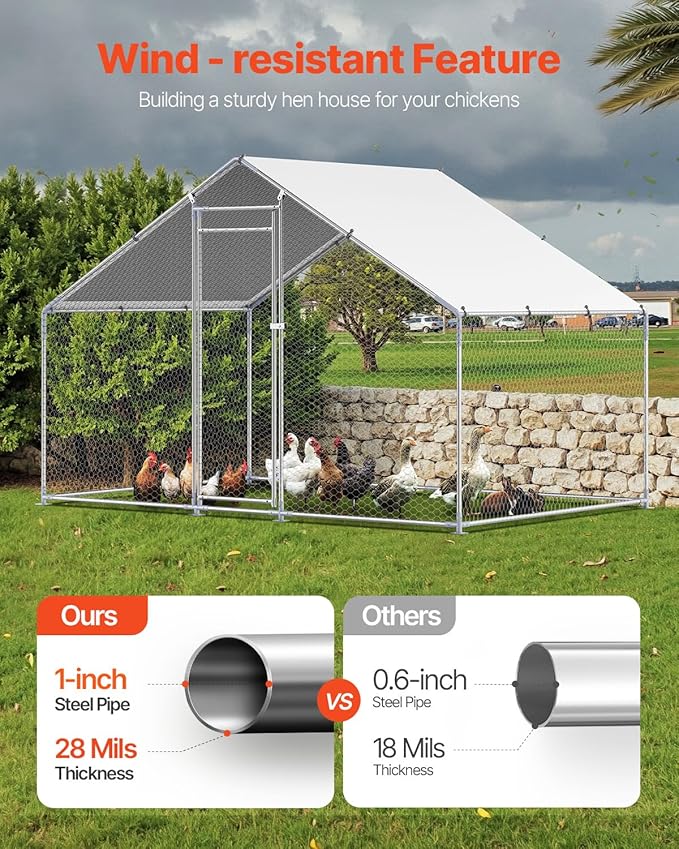 VEVOR Large Metal Chicken Coop with Run, Walkin Chicken Coop for Yard with Waterproof Cover, 6.5 x 9.8 x 6.5 ft, Spire Roof Large Poultry Cage for Hen House, Duck Coop and Rabbit Run