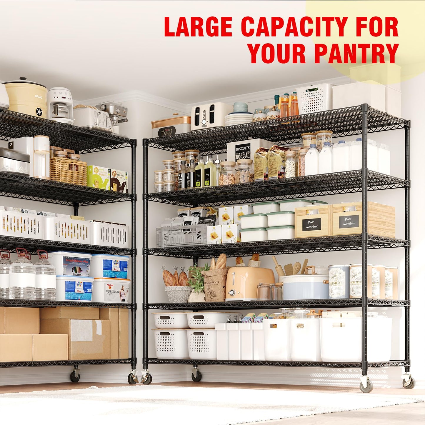 PeacefulHues 82" H Storage Shelves 3300LBS Heavy Duty Shelving Unit with Wheels & Feet, 5-Tiers Garage Shelving for Pantry Garage Kitchen Home Commercia, 82.6" H x 59" W x 23.9" D