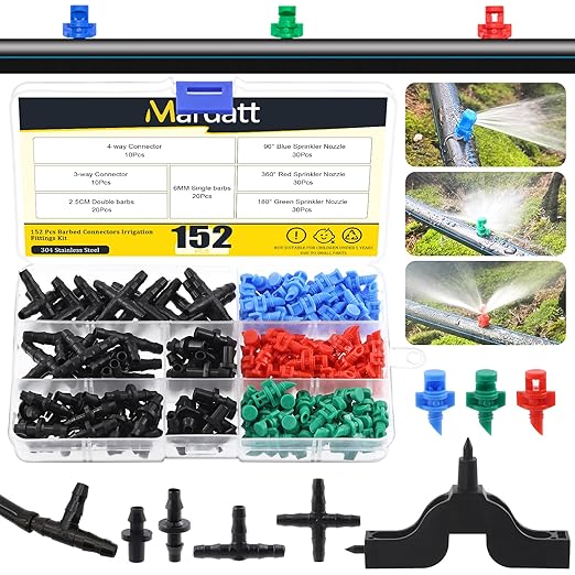 152Pcs Drip Irrigation Barbed Connectors Fittings Kit for 1/4" Tubing Includes 90/180/360 Angle Atomizing Sprinkler Sprayer and Barbed Connector for Agriculture Hydroponic Garden Lawn