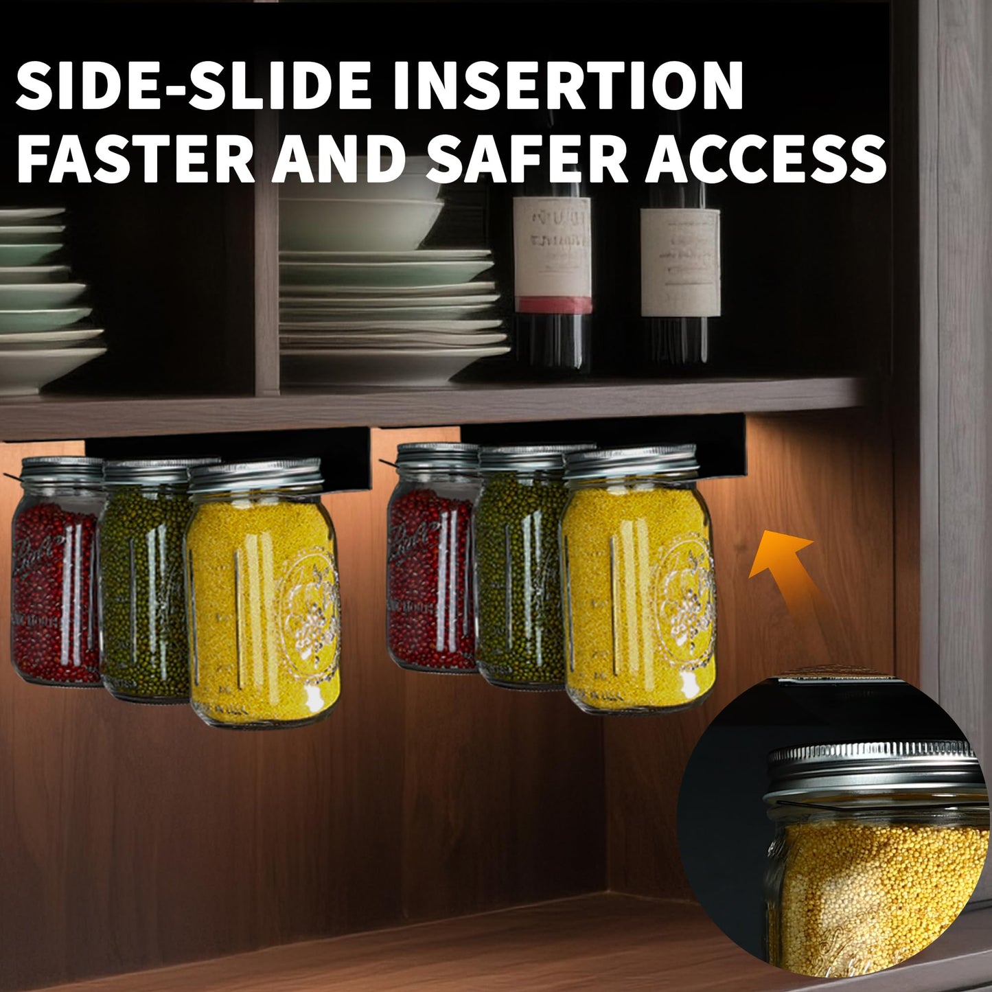 Mason Jar Storage Rack for Under Shelf, 2 Pack Holds 6 Wide Mouth Mason Jars, No Drill or Screw Mount, Kitchen Cabinet & Pantry Space Saver, Easy Access Sliding Design(Wide Mouth)