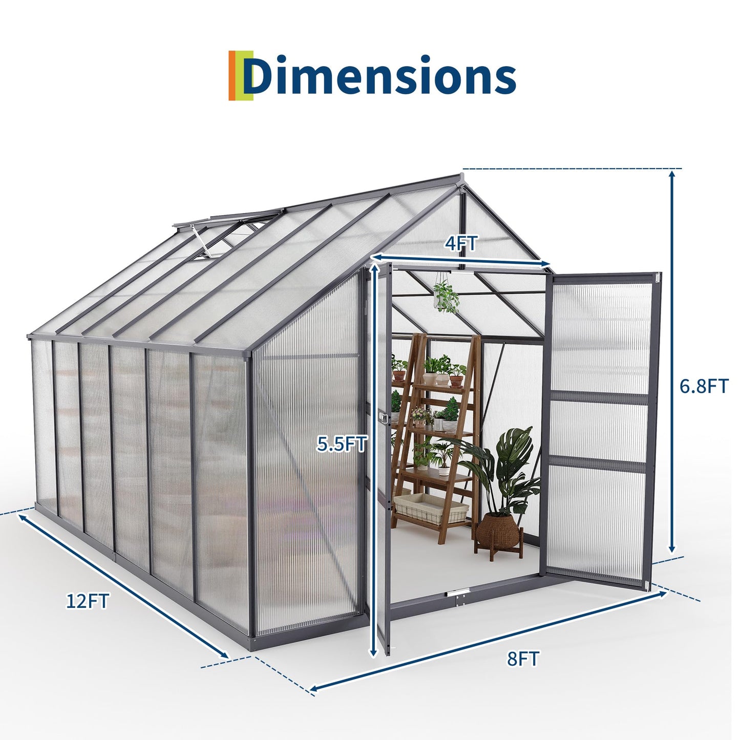 Large Greenhouse for Outdoors 8x12 FT, Polycarbonate Green House with Roof Vent and Quick Setup Structure, Aluminum Greenhouse Kit for Garden Backyard