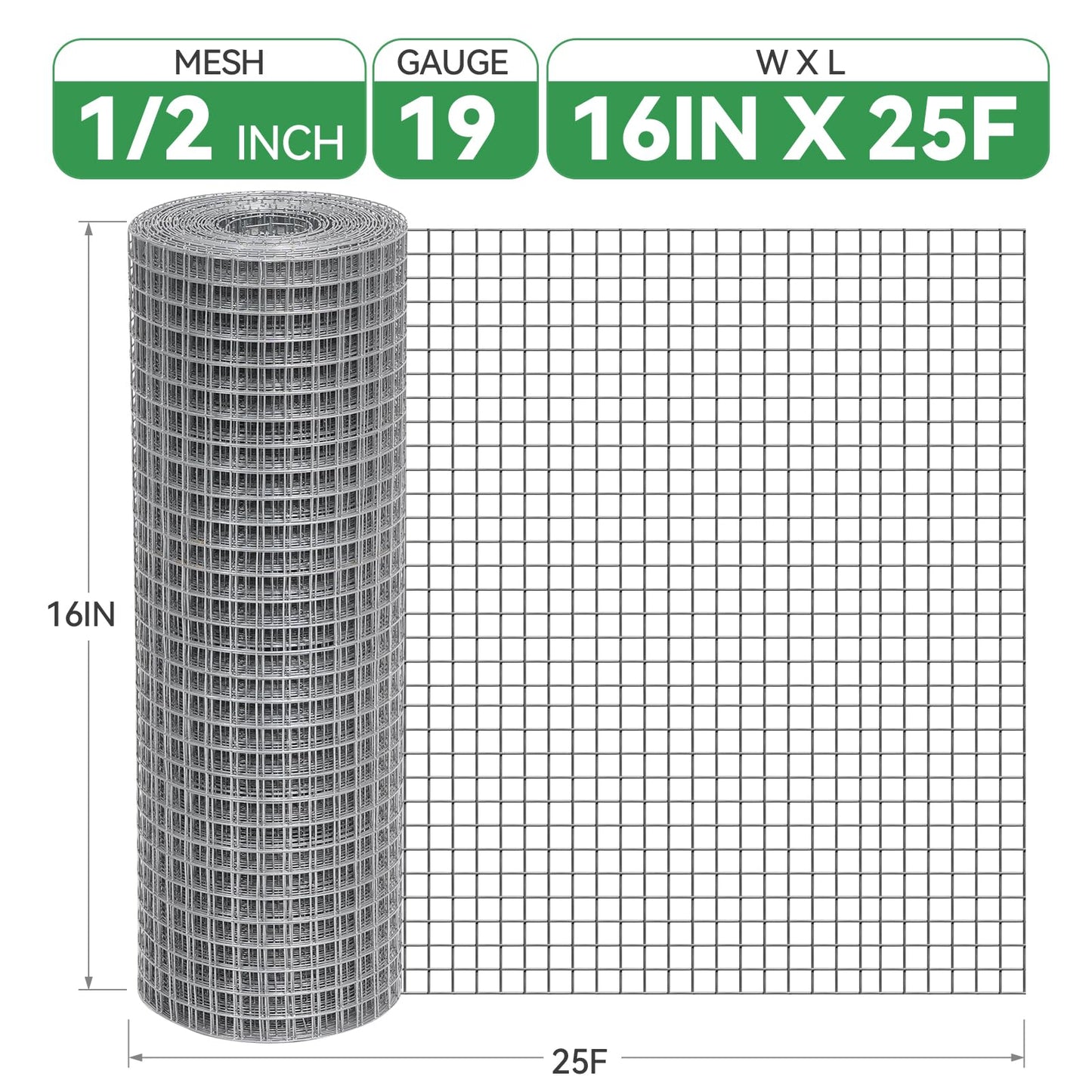 ZORMY 19 Gauge Hardware Cloth, 1/2 Inch 16inx25ft Galvanized Chicken Wire Fence, Hot-Dip Galvanized Welded Mesh Roll for Poultry Netting, Garden Fence, Tree Guard, and Snake Barrier