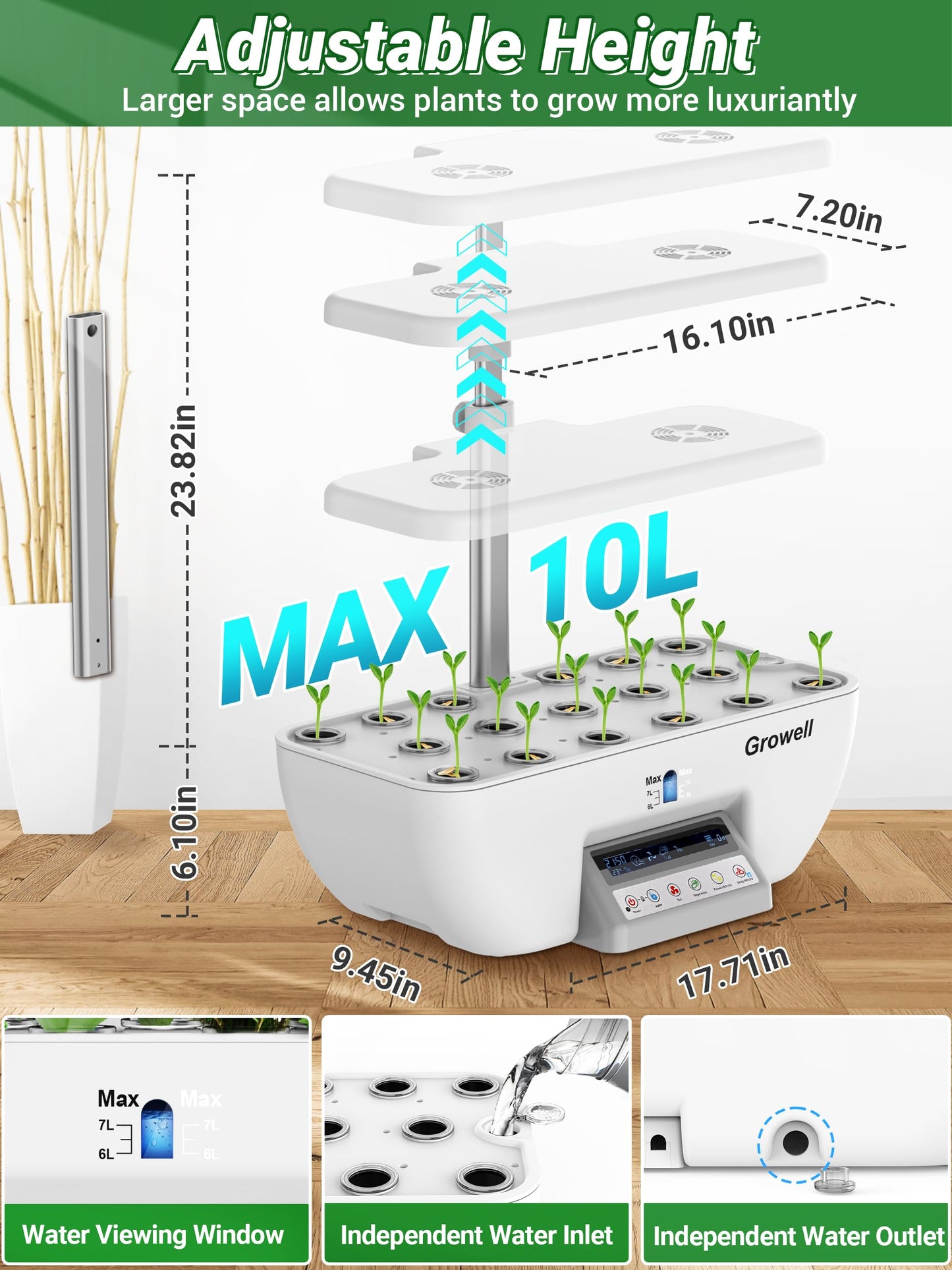 Growell Hydroponics Growing System Kit, 17 Pods Herb Garden with 102 28W Full-Spectrum Grow Lights & 2 Fans, Indoor Garden with Water Pump, 10L Water Tank, Auto Timer, Height Adjustable