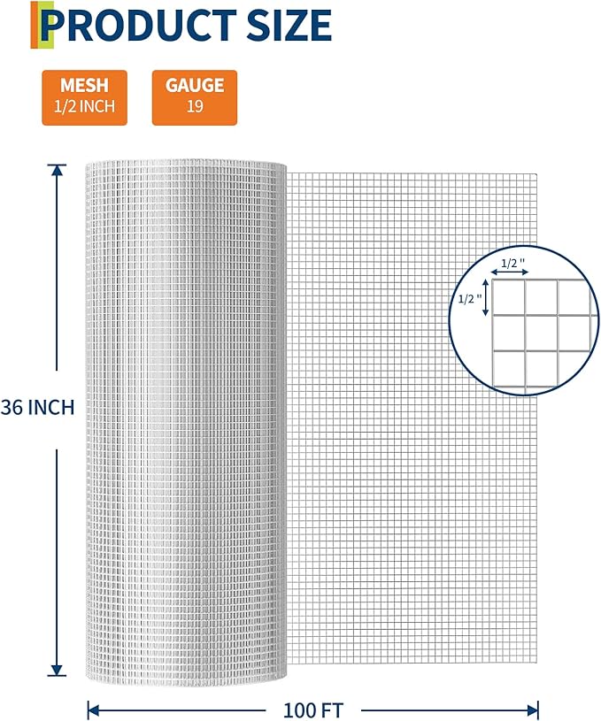 1/2 inch 36 inch x 100 FT Hardware Cloth, 19GA Chicken Wire Fencing,Galvanized Welded Wire Mesh Roll for Poultry Netting Cage, Chicken Coop
