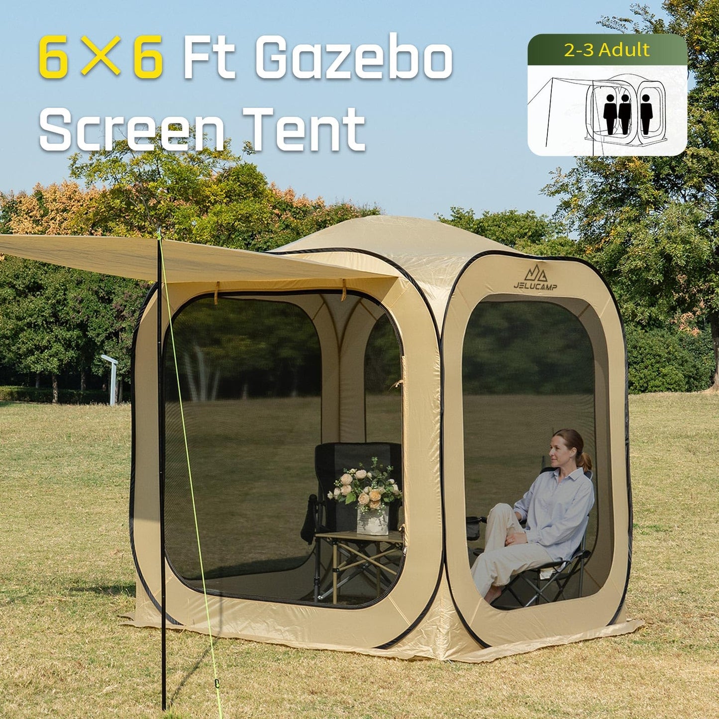 JELUCAMP 6x6 FT Pop Up Screen House Tent - Instant Screened Gazebo Canopy with Mosquito Net, Portable Backyard Tent for 4-6 People, Easy Setup Patio Shelter for Camping, BBQ, Sports & Outdoor