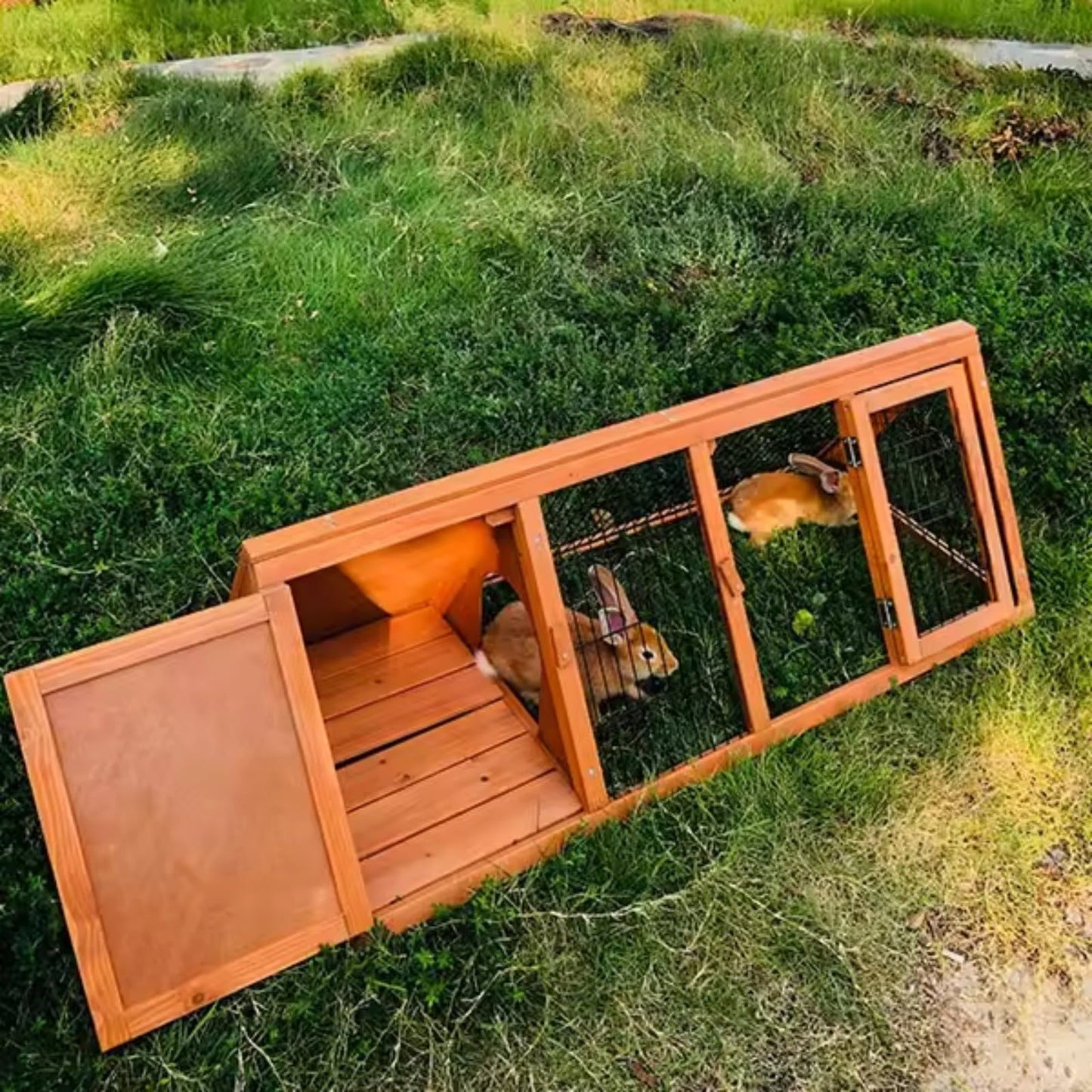 GarveeLife Wooden Rabbit Hutch, Chicken Hutch Outdoor with Run and 2 Doors, a-Frame Wooden Chicken Coops with Ventilating Wire, Quail, Rabbit Hideout for Small Animals, Red