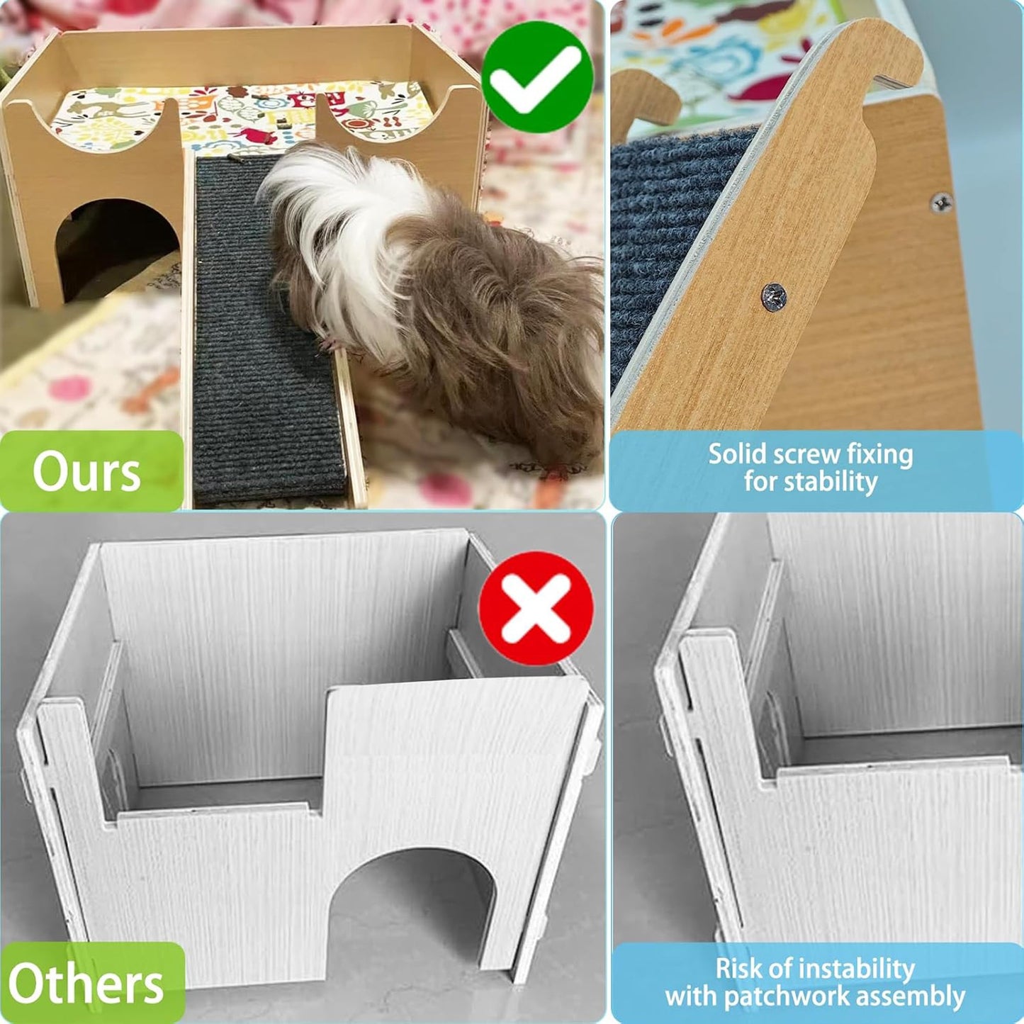 Guinea Pig Castle Hideout, Wooden Small Animal House with Stairs, Habitat Hut for Hamsters, Chinchillas, Bunny (Small)