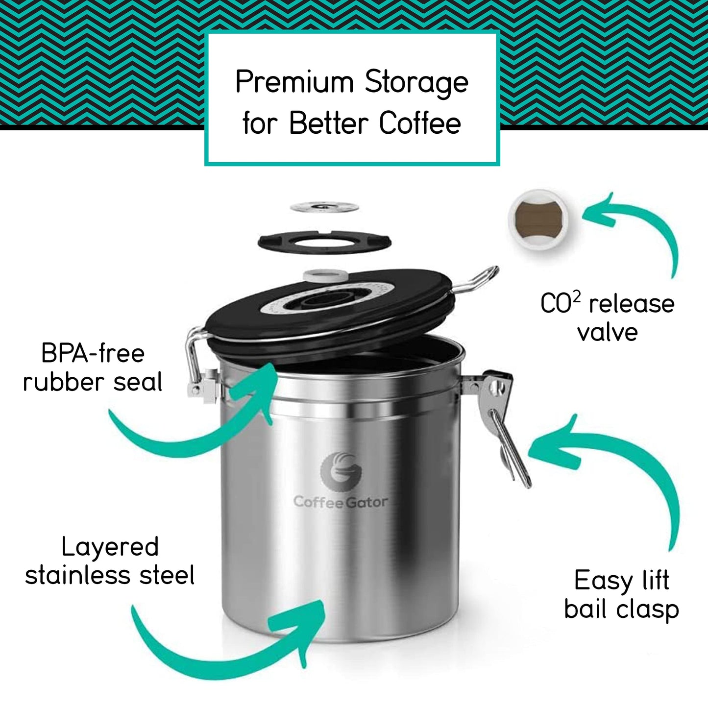Coffee Gator Coffee Canister, 2pack 16oz Airtight Stainless Steel Kitchen Food Storage Container with Date Tracker, Scoop for Grounds Coffee Bar Accessories, Beans, Tea, Sugar, Flour - Gray&Silver