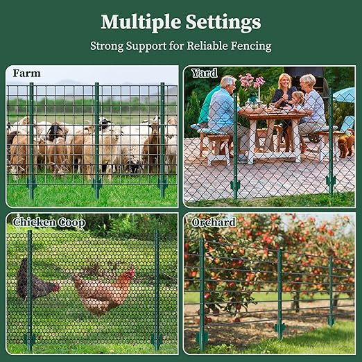10 Pack Metal Fence Posts, 3ft Heavy Duty U-Post, Green Garden Stakes, No-Dig Post Anchors for Wire Fences, Temporary Fencing, Electric Fence, and Corner Support