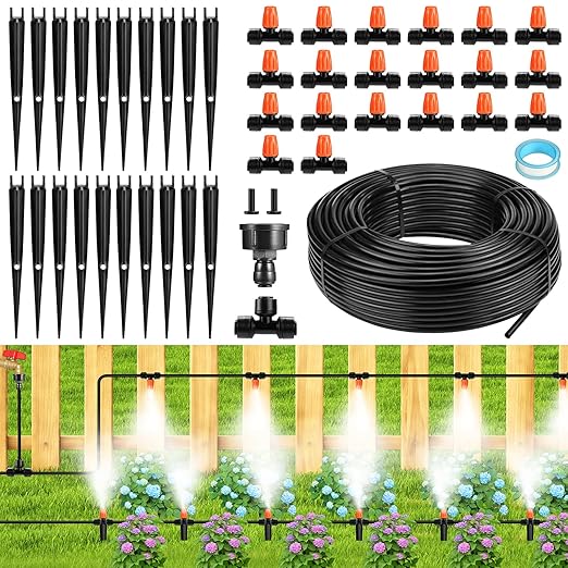 75FT Garden Irrigation System Kit, Greenhouse Watering System, Garden Watering System with 1/4" Tubing and Misting Nozzles, Quick Connector Design Automatic Irrigation System