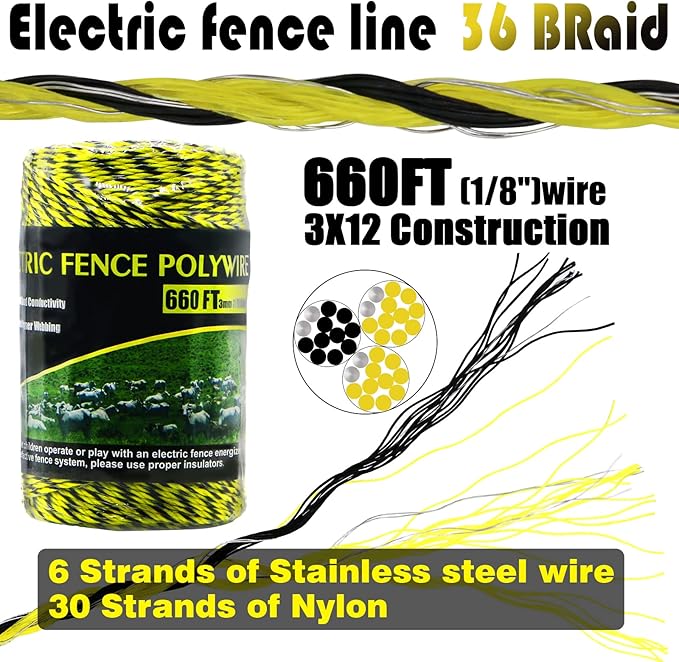 Electric Fence Poly Wire 660 Feet 200 Meters 1/8" Dia Portable Electric Fencing Polywires and 100 Pcs Black Electric Fence Insulator (Grid System Accessories for Animal Husbandry Electronic)