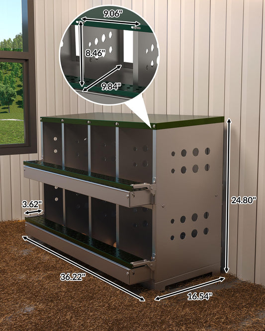 GarveeLife Wall-mountable Roll Away Metal Chicken Nesting Box for Laying Eggs, Rustproof Chicken Laying Boxes for Hens, Ventilated with Perch, Waterproof, 8 Compartments, Green