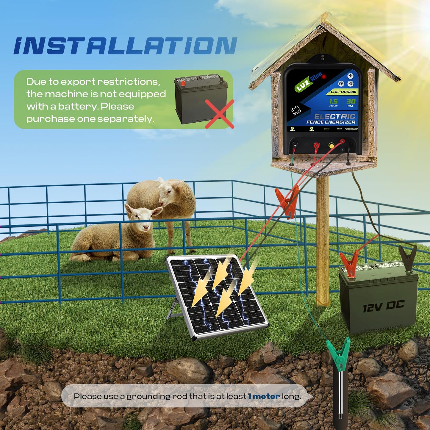 Luzrise 30KM Electric Fence Energizer 2 in 1 Powered by DC Battery or Solar Electric Fence Charger, 1.5 Joules Output with IP65 Waterproof Function for Livestock, Pet, Poultry, Garden (LRE-DCS280)