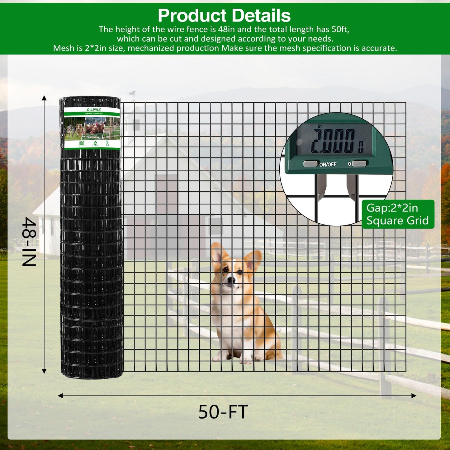 GILPWA Wire Fence, 48 in(H) X 50 ft(L) PVC Coated Welded Wire Fencing 2" X 2" 16GA Garden Border Vinyl Metal Chicken Wire Fencing Mesh Roll for Yard Vegetable Plant Protection Poultry Netting Black