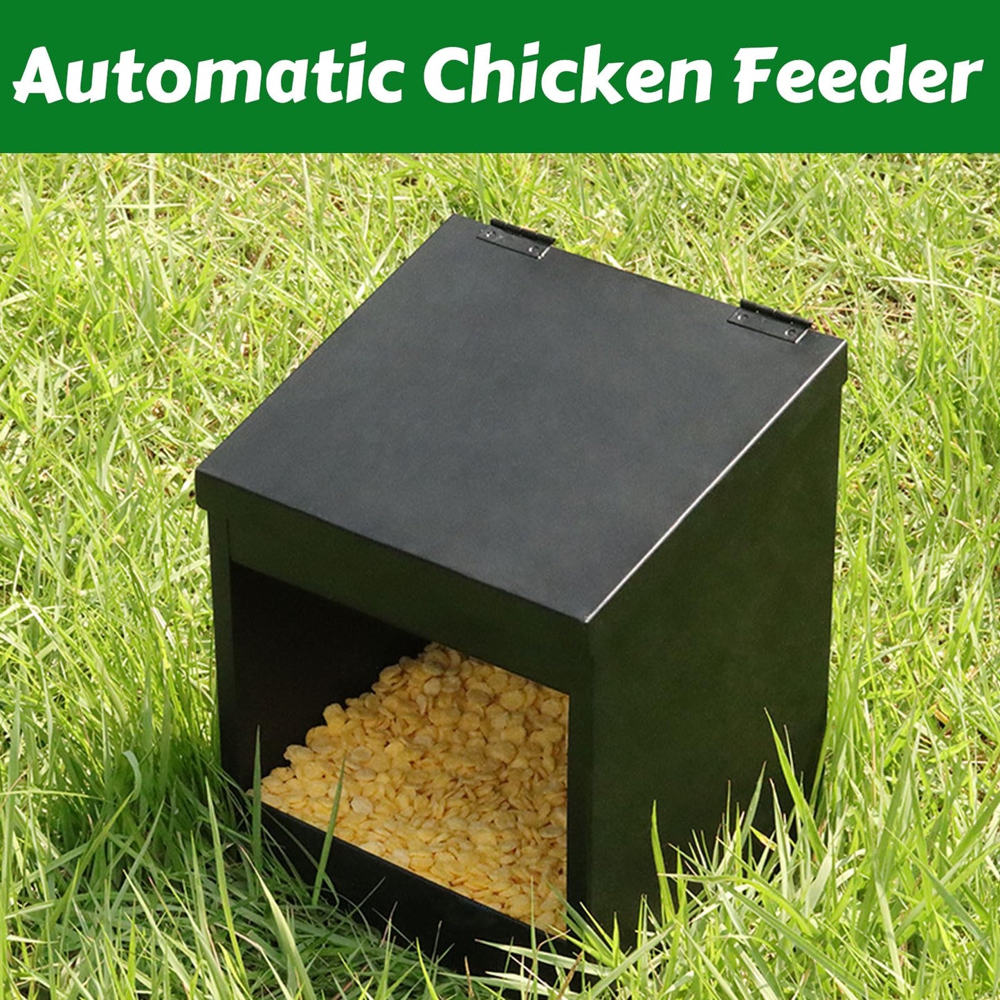 Gavinjitao Metal Chicken Feeder,Automatic Chicken Grit and Oyster Shell Feeder Hanging or Ground Food Dispenser with Lid Coop Accessories Outside Suitable for Chickens Ducks Quails
