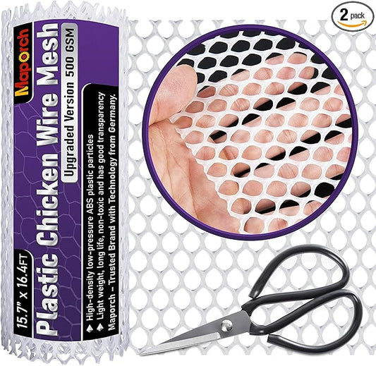 Maporch Upgraded 15.7" x 16.4 ft White Plastic Chicken Wire Fence Mesh, Included 1 Wire Cutting Scissor, Hexagonal Fencing Wire for Gardening, Poultry Fencing, Wire Frame for Crafts, Floral Netting