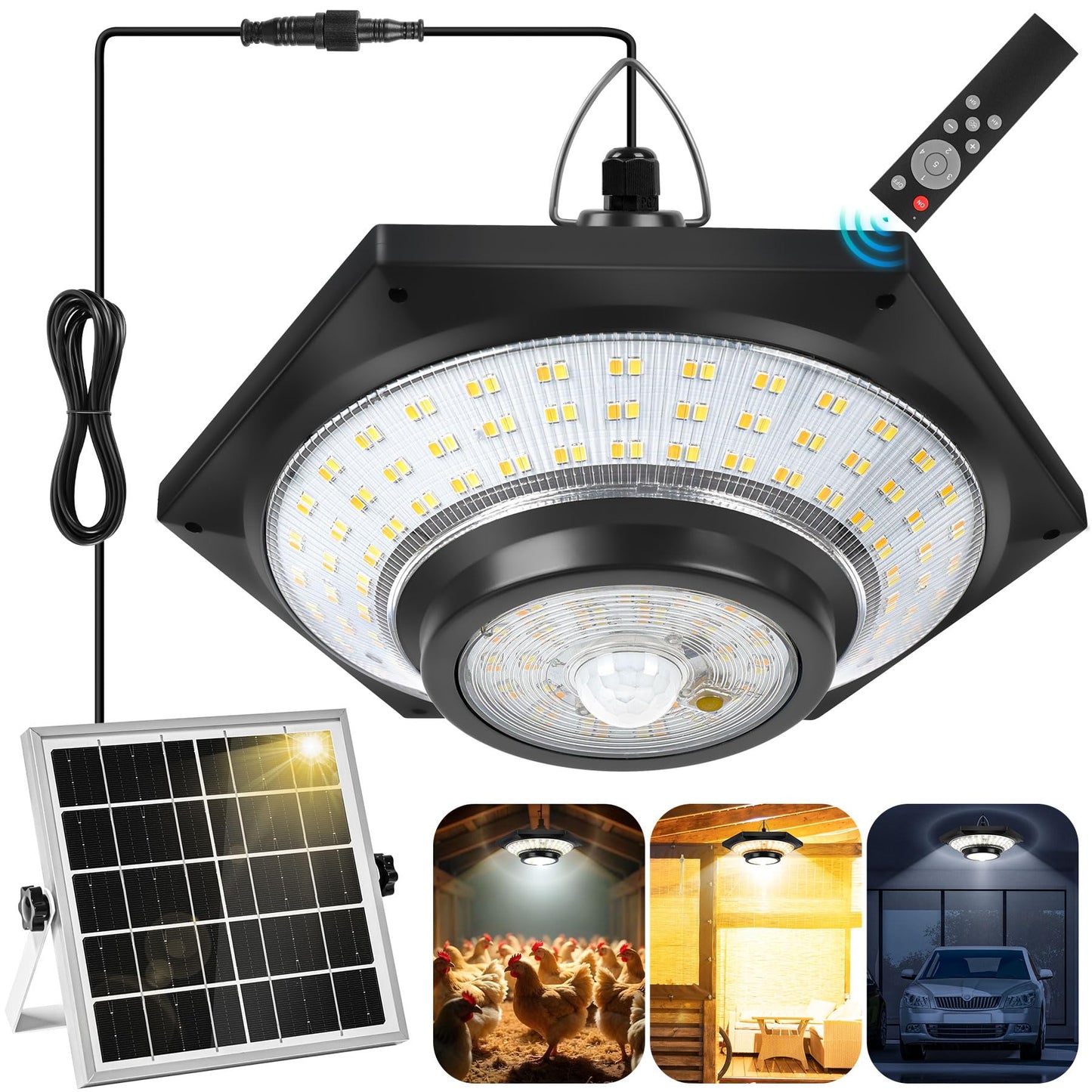 ROSTIUTE Solar Shed Light, 288 LED 1000LM Solar Pendant Light Indoor Outdoor, Solar Lights 5 Modes Motion Sensor with Remote Control for Chicken Coop Barn Patio Gazebo Garage