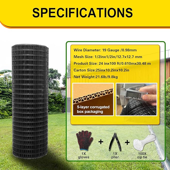 Black Hardware Cloth 1/2inx24inx100ft, Chicken Wire Fencing, 19Gauge, Vinyl PVC Coated Mesh, Welded Wire mesh, Perfect for Gopher Wire, Rodent Mesh, Tree Guard, Chicken Coop.