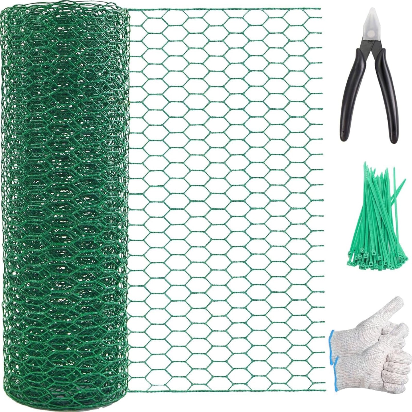 Chicken Wire 15.7in x 118in with a Pair of Gloves，1 Wire Cutter，50 Pcs Cable Zip Ties, Floral Chicken Wire Mesh 0.8in Hexagonal Galvanized PVC Coated Garden Netting Fence for Craft Poultry Garden