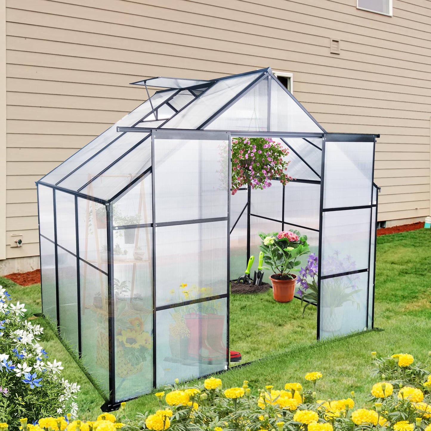 Favfurish 8X6 FT Greenhouses for Outdoors,Double Sliding Door Polycarbonate Greenhouse,Heavy Duty Walk-in Greenhouse, Drainage System & Galvanized Frame for Garden Backyard, Black