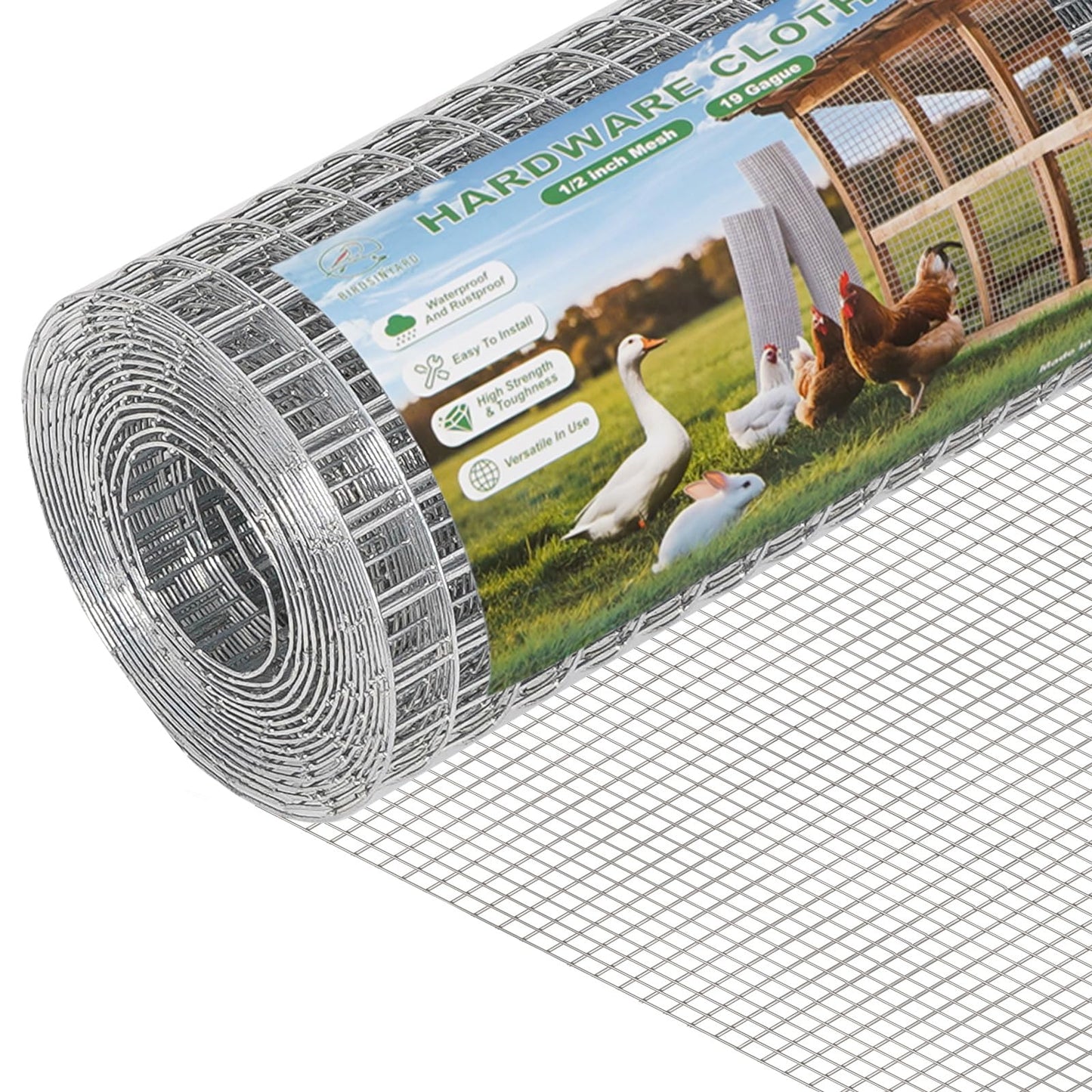 BIRDSINYARD 16in x 10ft Hardware Cloth - 1/2 inch Chicken Wire Fencing 19 Gauge Hot-dip Galvanized After Welding | Welded Wire Mesh Roll Garden Plant Chicken Coop Rabbit Poultry Netting Cage Screen