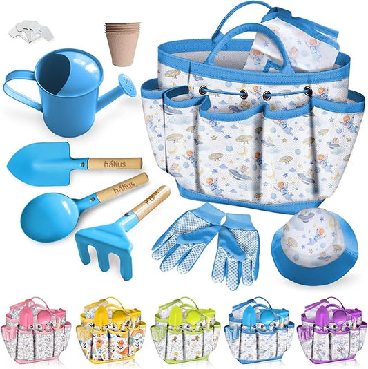 Kids Gardening Tool Set 18PCS Kids Toddler Gardening Set Includes Tote Bag Watering Can Apron Hat Rake Shovel Spoon Gloves Plant Pots and Labels, Outdoor Toys Gift for Boys Girls (Blue)