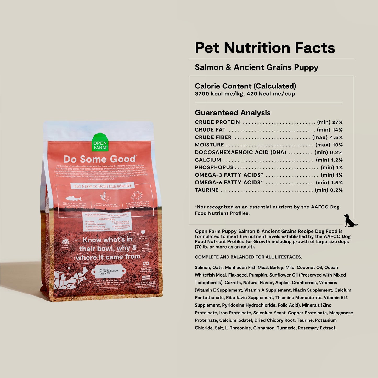 Open Farm, Ancient Grains Dry Dog Food for Puppies, Protein-Rich & Nutrient Dense, 90% Animal Protein Mixed with Non-GMO Fruits, Veggies and Superfoods, Salmon Recipe for Puppy, 22lb Bag