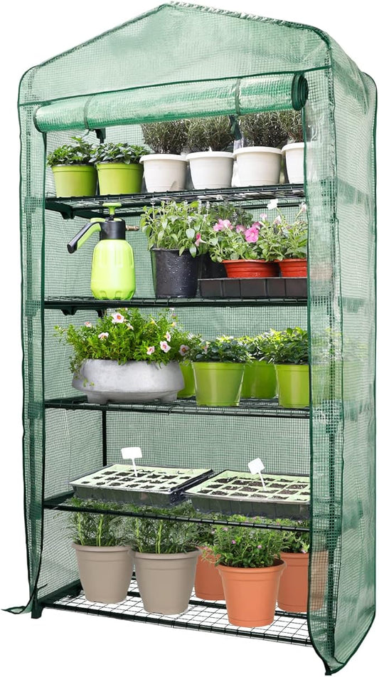 Worth Garden 50% Extra Wide Mini Greenhouse 5 Tier Portable Plant Green House 40in Wide -Sturdy Gardening Shelves with PE Cover & Roll-Up Zipper Door - Indoor & Outdoor Use - 19″W. x 40″L. x75″H.