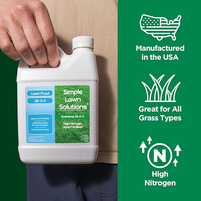 Maximum Green & Growth- High Nitrogen 28-0-0 NPK- Lawn Food Quality Liquid Fertilizer- Spring & Summer- Any Grass Type- Simple Lawn Solutions - Concentrated Quick & Slow Release Blend (1 Quart)