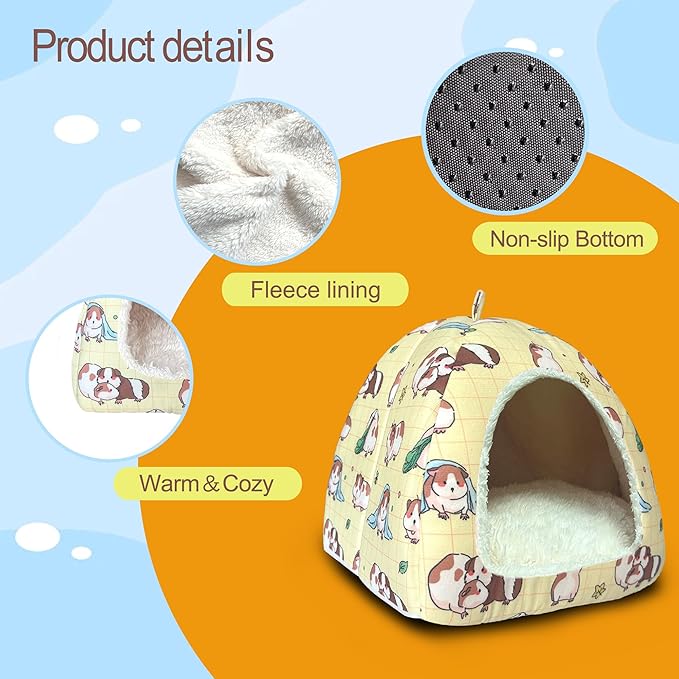 LUCKITTY Guinea Pig Hideout Bed 11.8-Inch Cube - Cozy Small Animal House for Guinea Pigs, Chew-Proof Hideaway with Ventilation (Yellow, Adorable Guinea Pig Print)