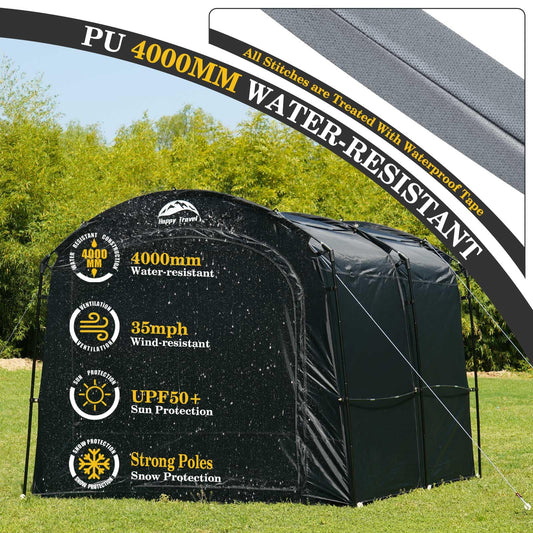 Happy Travel Bike Storage Tent, Outdoor 8×7×6.3ft Large 2-in-1 Portable Shed More 30% Top Space W/Double Doors with Mesh, Outside Lawn Mower Shelter and Bicycle Cover for Patio Furniture, Garden Tools