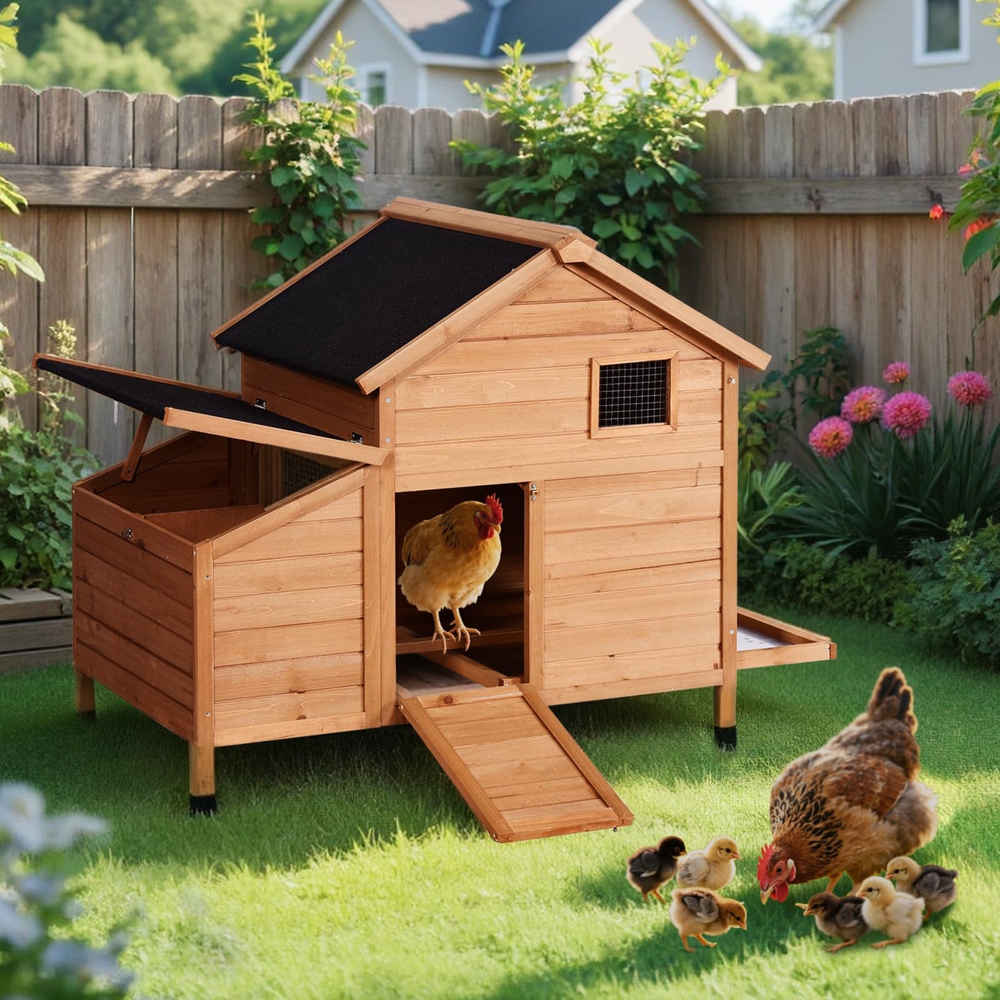 Narkula Outdoor Chicken Coop, Duck House with Nesting Box/Pull Out Tray/Secure Doors, Wooden Small Chicken Cage Weatherproof/Ventilation, 42.91" x 38.58" x 28.74", Brown