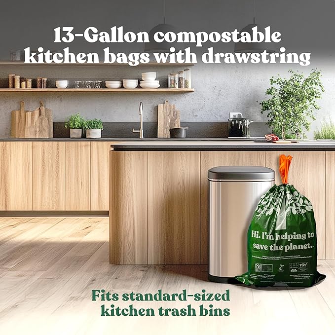 Healthy Earth 13 Gallon Compostable Trash Bags – Tall Kitchen Garbage Bags with Drawstring Handles, Extra Thick Plant-Based Liners, BPI & TÜV Certified ASTM D6400, Heavy Duty Leak-Proof (30 Count)
