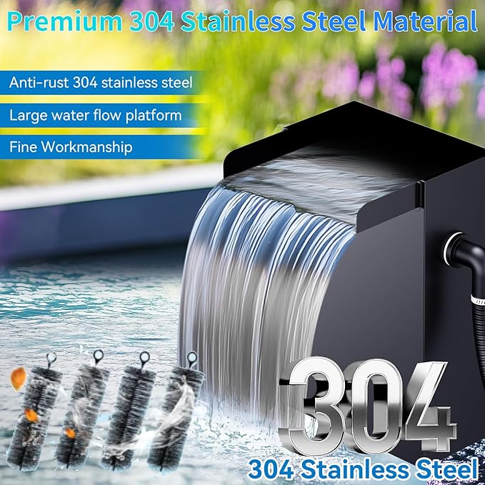 POPOSOAP 70W Pond Waterfall Spillway with Water Pump, 304 Stainless Steel Waterfall Kit with 9.8FT Corrugated Tube, Pond Waterfall Box for Outdoor Pond Waterfall Setup Waterfall System Garden Decor