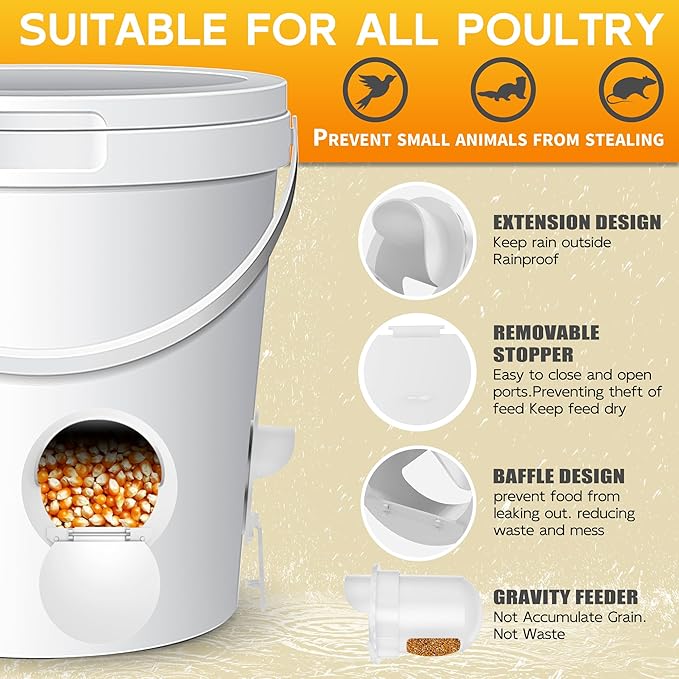 Chicken Feeder Port 12pcs Poultry No Waste Port Kit with Stopper Lid, 1 Hole Saw, DIY Automatic Reusable Coop Feeders, Rain Proof Gravity Feeding Geese Duck Hens Rooster for Bucket Barrel Bin (White)