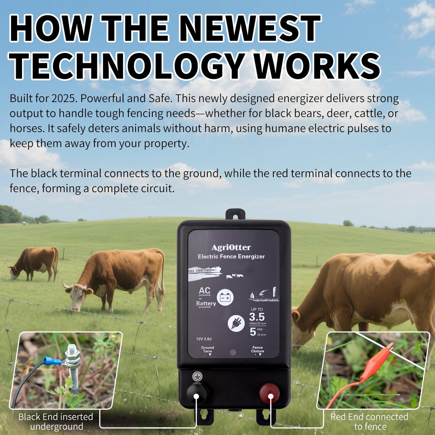 2025 New Tech 2 in 1 Electric Fence Energizer Charger Plug-in & 12V Battery, Waterproof & Safe Wide Coverage Energizer for Farms, Suburban Homes, Gardens, Livestock, Pets & More