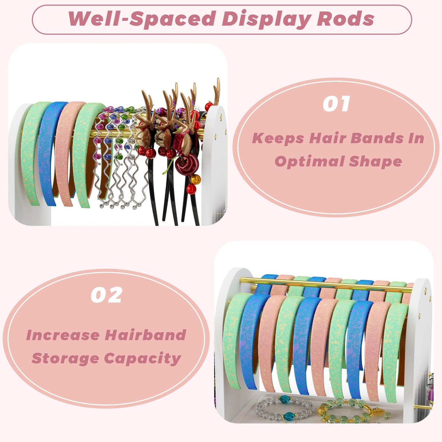 BEGULF 3 In 1 Headband Holder Organizer for Women, Versatile Headband Storage, Metal Headband Stand with Wood Base and Scrunchie Holder, Headband Display for Hair Accessories, Jewelry (White)