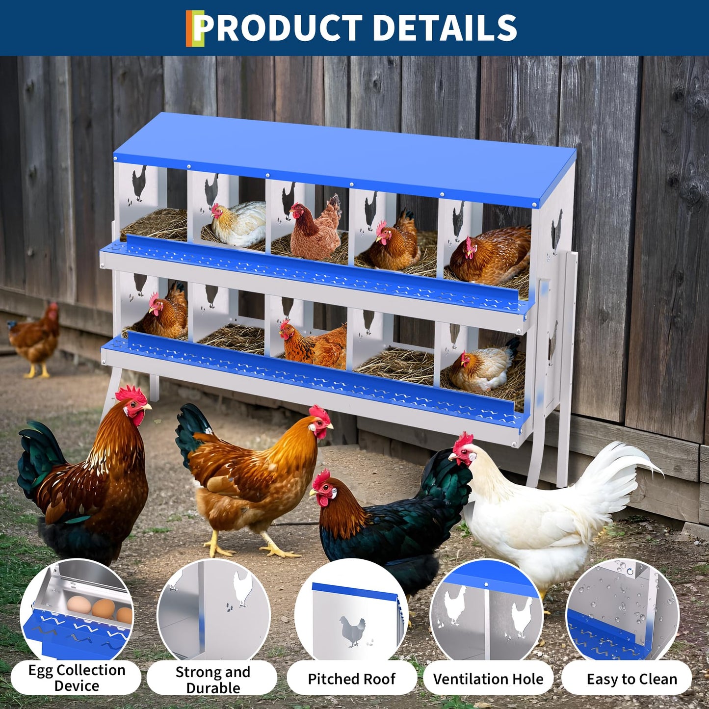 Garvee Chicken Nesting Box with Removable Tray, 10 Compartment Nesting Boxes for Chickens, Easy to Clean and Install, Chicken Laying Boxes for Chicken Coop to Protect Eggs - with Bracket Legs, Blue
